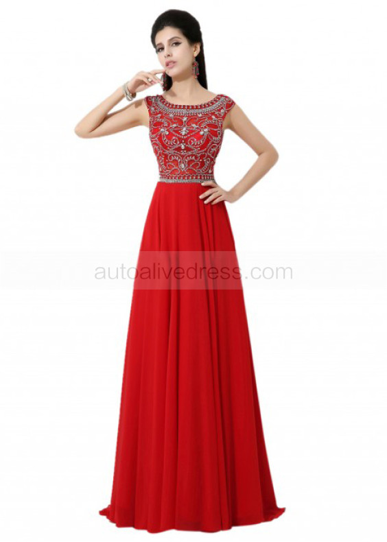 Red Chiffon Beads V Back Long Prom Dress